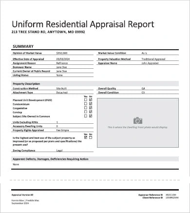 Page 1 of the sample Uniform Residential Appraisal Report for a fictional home at 213 Tree Stand Rd, Anytown. The summary shows an opinion of market value of $350,000, market value condition As Is, overall quality Q4, overall condition C3, a detached site-built home, one unit and no accessory dwelling units, and no apparent defects requiring action.